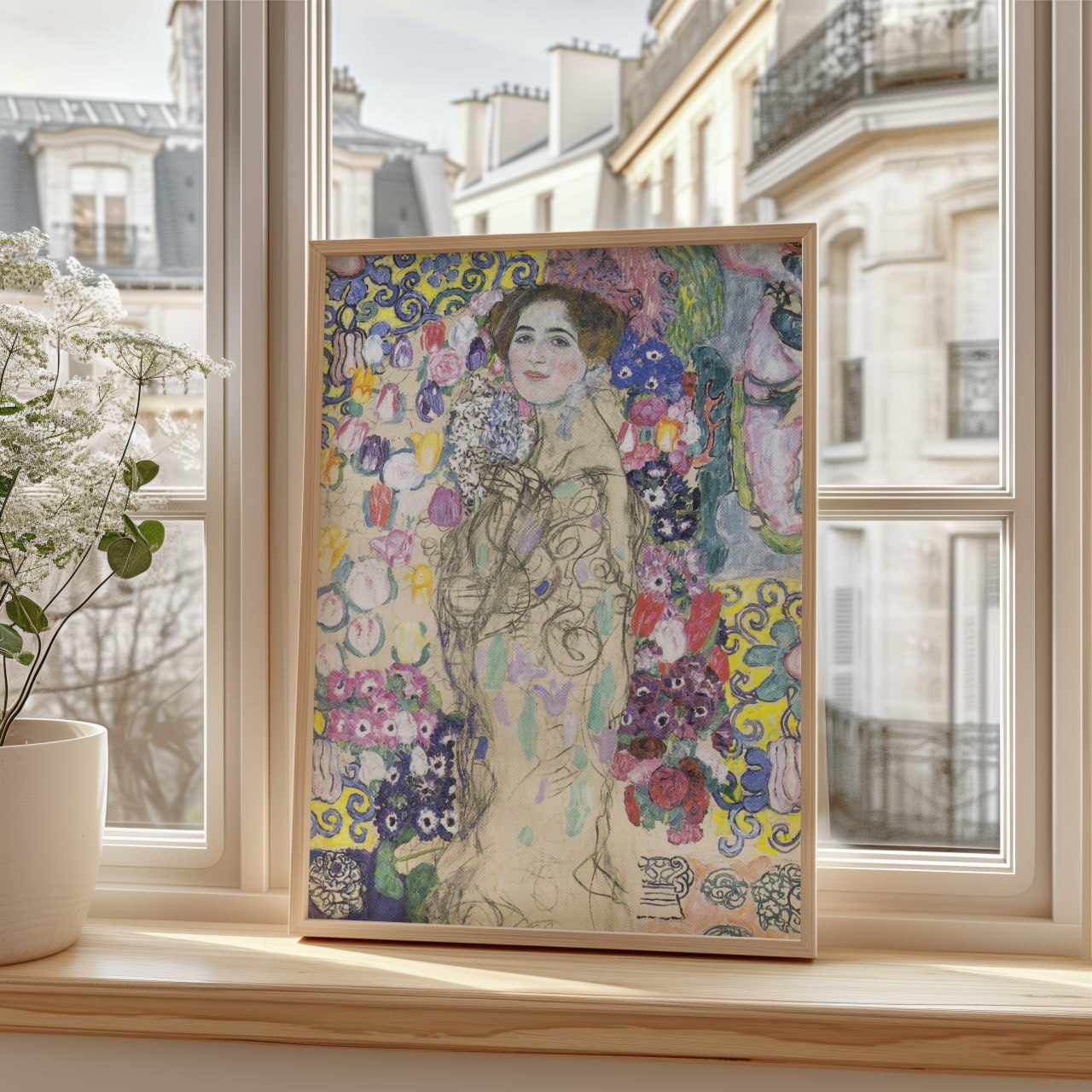 Gustav Klimt - Floral Portrait Sketch Print | Vibrant Wall Art