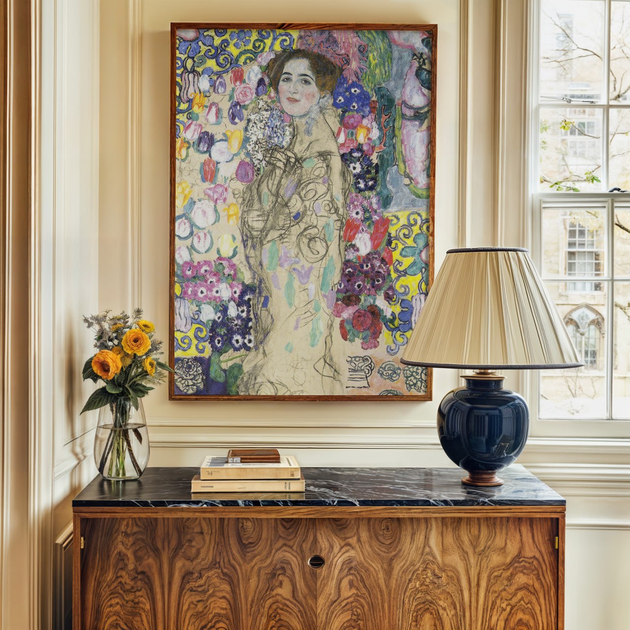 Gustav Klimt - Floral Portrait Sketch Print | Vibrant Wall Art