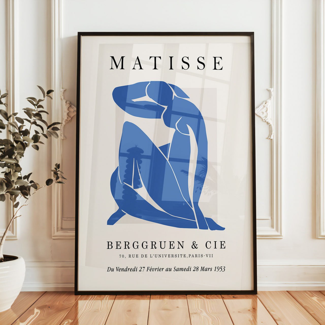 This striking exhibition poster features a minimalist yet impactful design showcasing the work of the renowned French artist Henri Matisse. The focal point of the poster is a bold blue silhouette of a seated figure.
The figure appears to be in a contemplative pose, accentuating the fluid lines and organic shapes that are hallmarks of Matisse’s style.