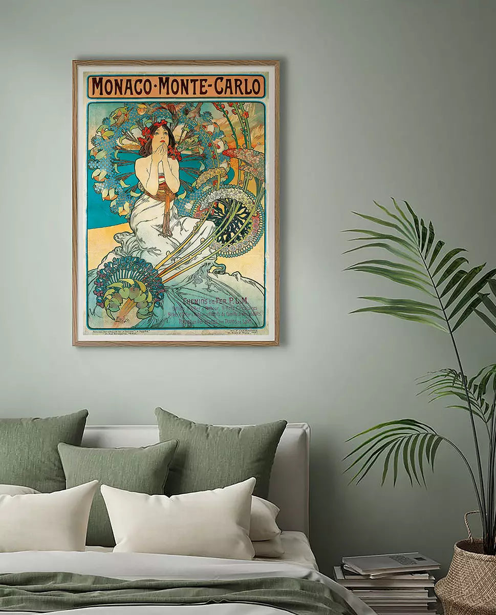 Alphonse Mucha Poster, Art Nouveau, Vintage Advertisement, Blue, Green, Monaco Montecarlo Lithography
