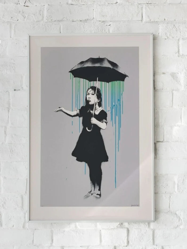 Banksy 'Girl with Umbrella' Poster, Urban Graffiti Wall Art, Modern Wall Decor, Banksy Street Art Print, Urban Expression, Contemporary Art Wall art, print, Poster, Housewarming, Home decor, Girl, Art print, art, Aesthetic, Gifts, Vintage, Colorful Print, Banksy Print, Graffiti Art Print