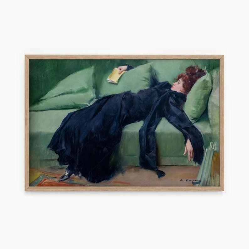 Decadent young woman after the dance Gift for friend Emerald green art Moody vintage portrait Ramon Casas Above sofa art High quality print