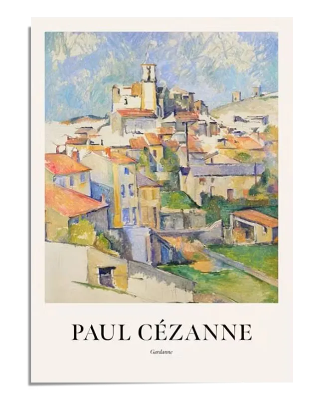 An Exhibition poster of the artwork "Gardanne" by Paul Cézanne. This wall art depicts an urban landscape with buildings featuring red roofs and a central church, all in soft tones and characteristic brushstrokes of the artist's style. At the bottom of the poster, "PAUL CÉZANNE" is written in large letters, with "Gardanne" in smaller letters below it. Perfect for home decor and adding a touch of classic painting to your home gallery wall.