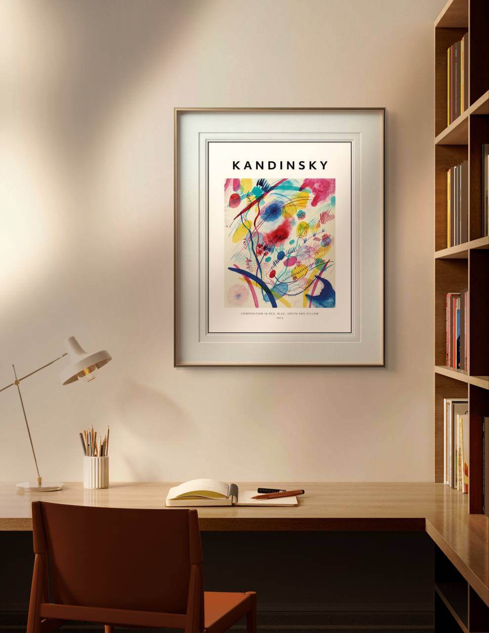 A contemporary study space with a wooden desk, a modern lamp, and a chair. The poster of "Composition in Red, Blue, Green, and Yellow" by Kandinsky is framed and hung on the wall above the desk. Bookshelves filled with books are on the right. This painting reproduction serves as excellent wall art for a home gallery wall or a stylish office decor