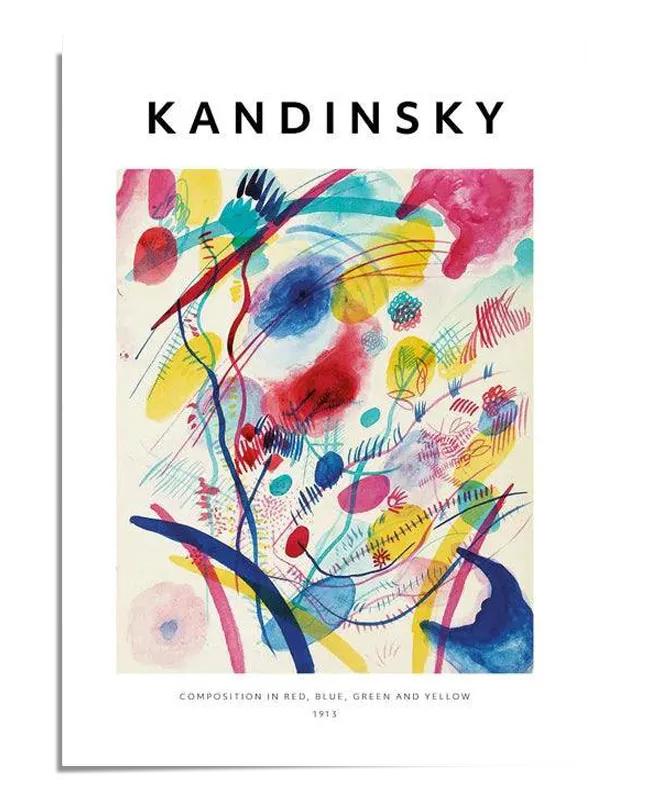 A poster of the artwork "Composition in Red, Blue, Green, and Yellow" by Kandinsky. This wall art features a vibrant abstract painting with bold colors and dynamic shapes, typical of Kandinsky's style. At the top of the poster, "KANDINSKY" is written in large letters. Perfect for home decor and adding a touch of modern art to your home gallery wall or office.