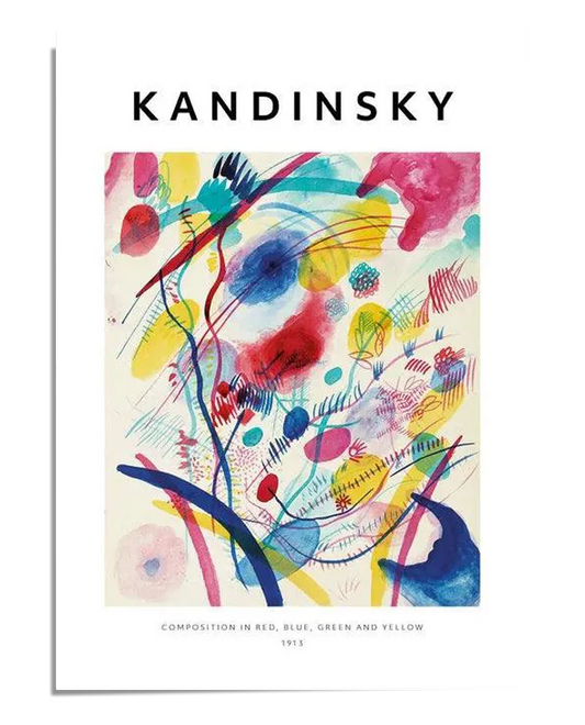 A poster of the artwork "Composition in Red, Blue, Green, and Yellow" by Kandinsky. This wall art features a vibrant abstract painting with bold colors and dynamic shapes, typical of Kandinsky's style. At the top of the poster, "KANDINSKY" is written in large letters. Perfect for home decor and adding a touch of modern art to your home gallery wall or office.