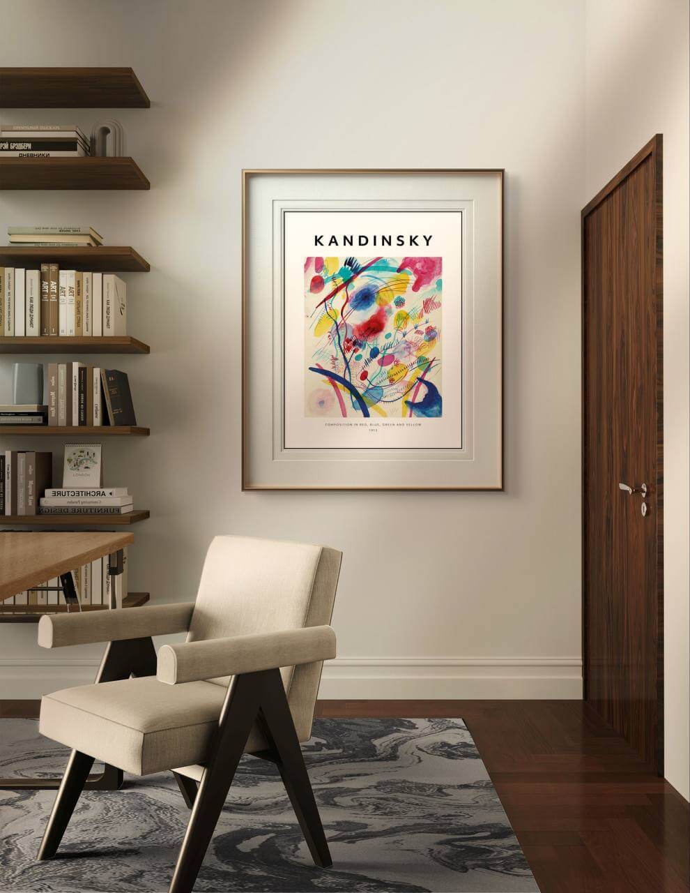 A modern interior setting with a beige chair and an abstract design rug in the foreground. The same poster of the painting "Composition in Red, Blue, Green, and Yellow" by Kandinsky is framed and well-lit on the wall. To the left, there are shelves with books and decorative objects. This wall art poster is ideal for home decor, enhancing any room with vibrant modern art.
