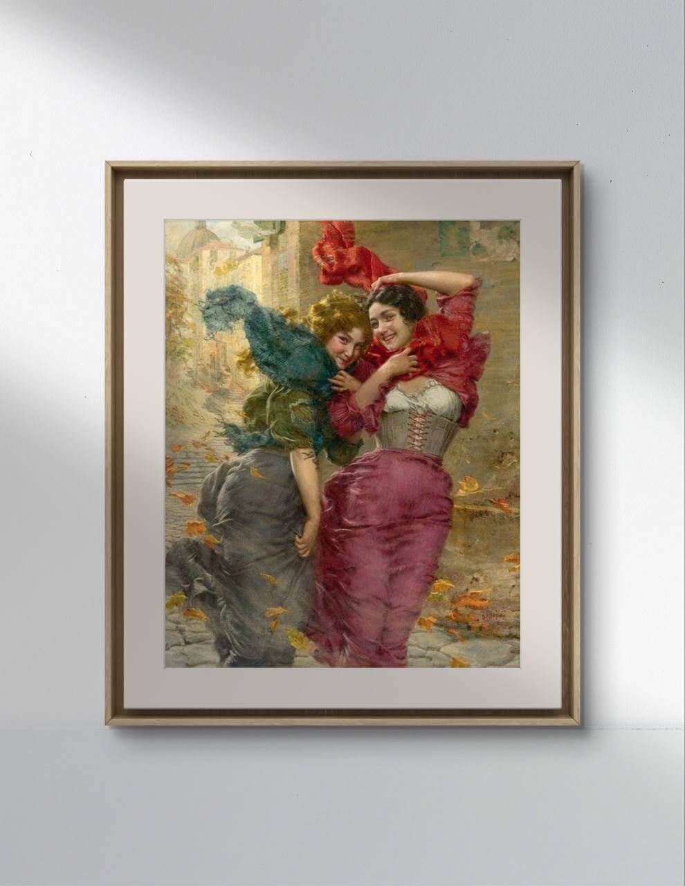 A minimalist interior setting with a white wall and wooden flooring. The framed poster of "A Windy Day" by Gaetano Bellei is hung on the wall, illuminated by natural light. The painting reproduction serves as excellent wall art for a home gallery wall or a lively reading nook, bringing a touch of classical vibrancy to the decor.
