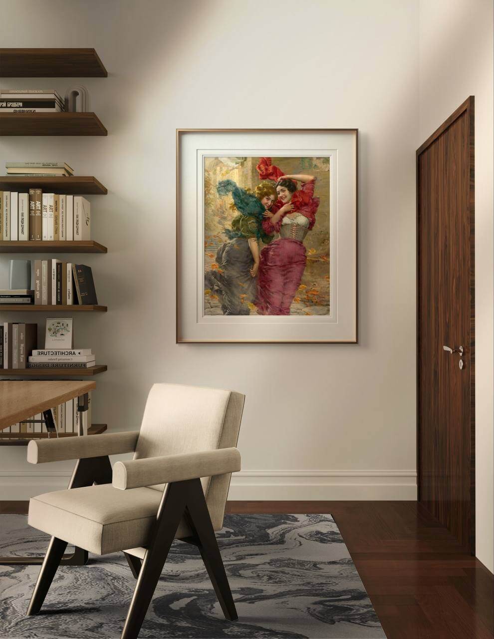 A stylish interior space with a beige chair and an abstract design rug in the foreground. The poster of "A Windy Day" by Gaetano Bellei is framed and displayed on the wall, adding a vibrant touch to the decor. This wall art poster is perfect for home decor, enhancing the liveliness of any room with its depiction of joy and movement.