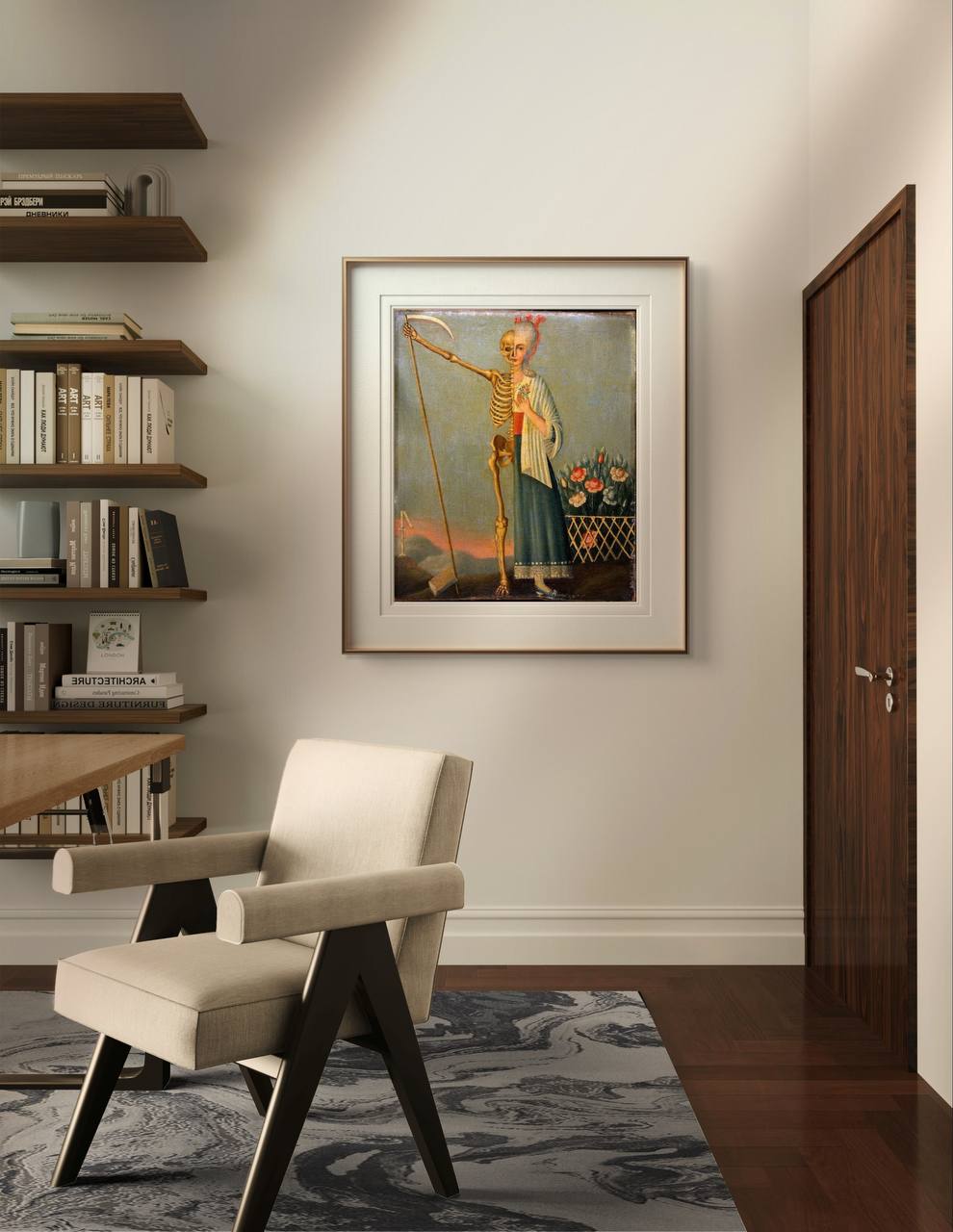 A contemporary home office setting with a beige chair, wooden shelves filled with books, and a framed poster of "Life and Death: A Study" hanging on the wall. This unique wall art poster adds a reflective and artistic touch to the room, making it ideal for a study or creative workspace.
