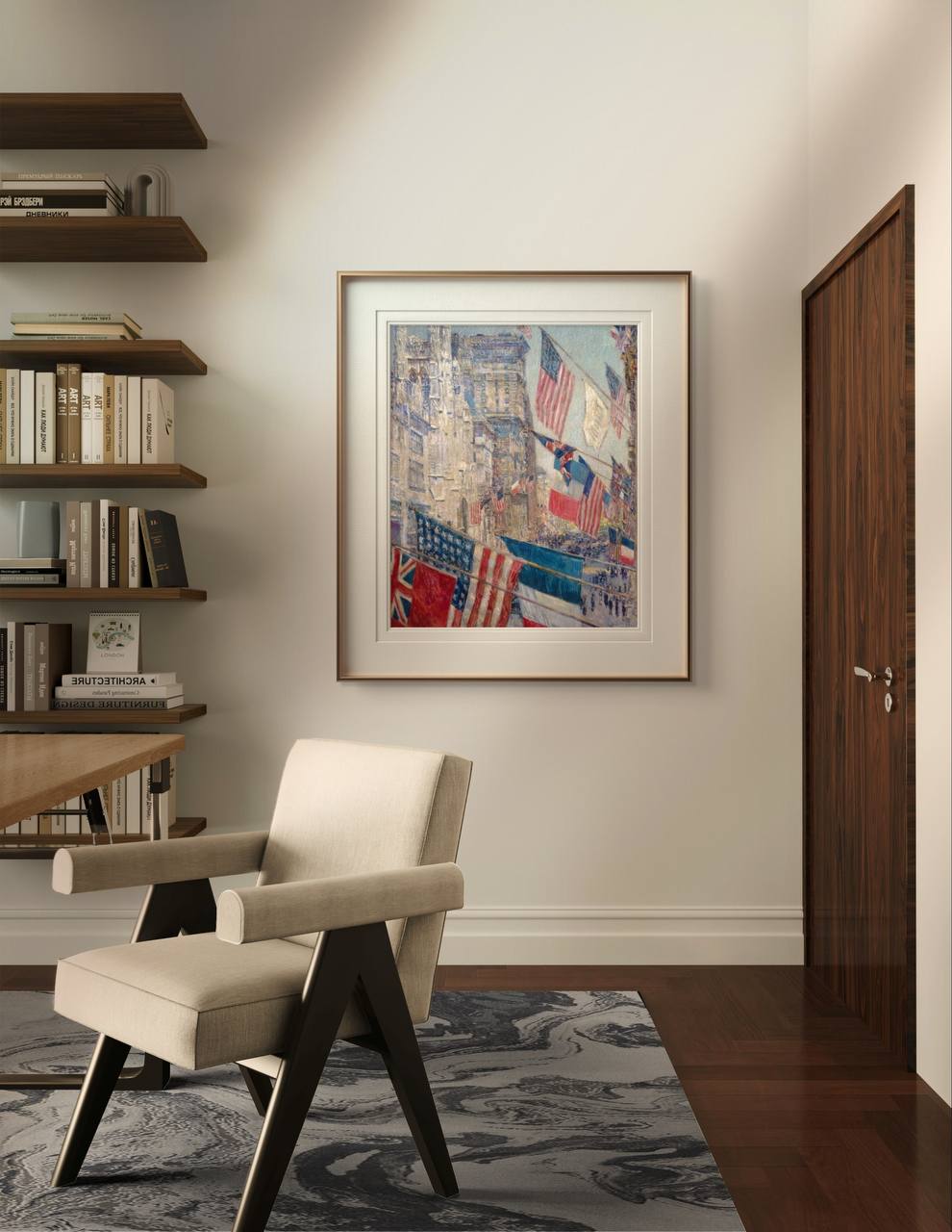 A contemporary home office with a beige chair, wooden shelves filled with books, and a framed poster of "Allies Day" by Childe Hassam on the wall. This painting, reflecting the vibrant Allies Day celebrations in New York City during World War I, adds historical depth and artistic charm to the room. Ideal for enhancing your home gallery wall or creating a lively atmosphere in any living space.