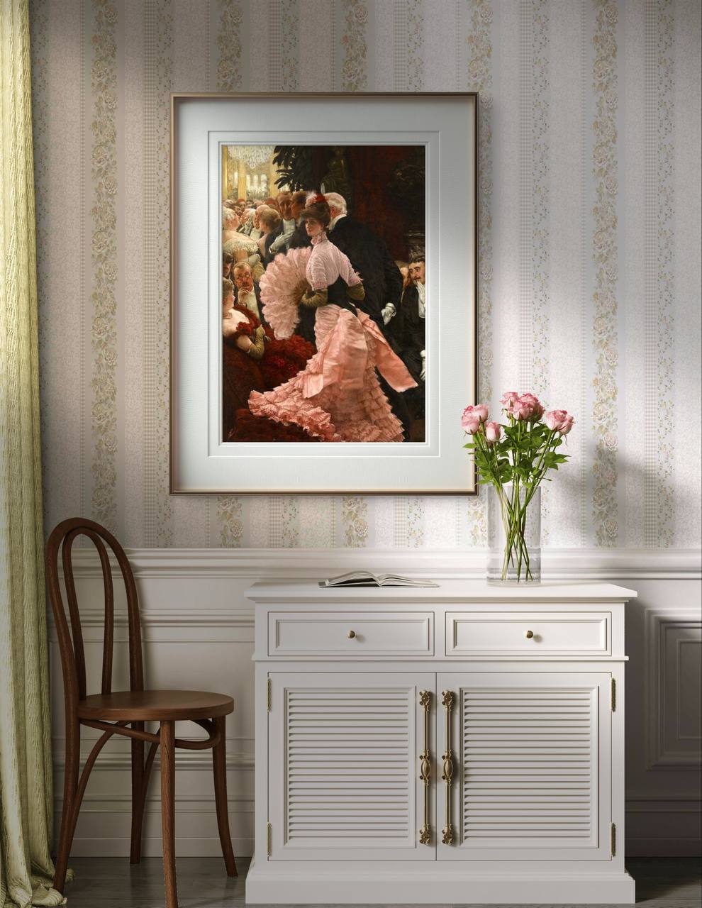 Romantic home decor, feminist Art, A stylish presentation of "A Political Woman" by James Tissot, showcased in a chic room with floral accents and soft lighting. The painting depicts a woman in a luxurious pink gown, holding a fan and standing amidst a crowd. This art reproduction adds a sense of historical sophistication and elegance to any living space. Keywords: Wall Art, home decor, painting, art reproduction, famous artist, Poster, print, James Tissot, A Political Woman.