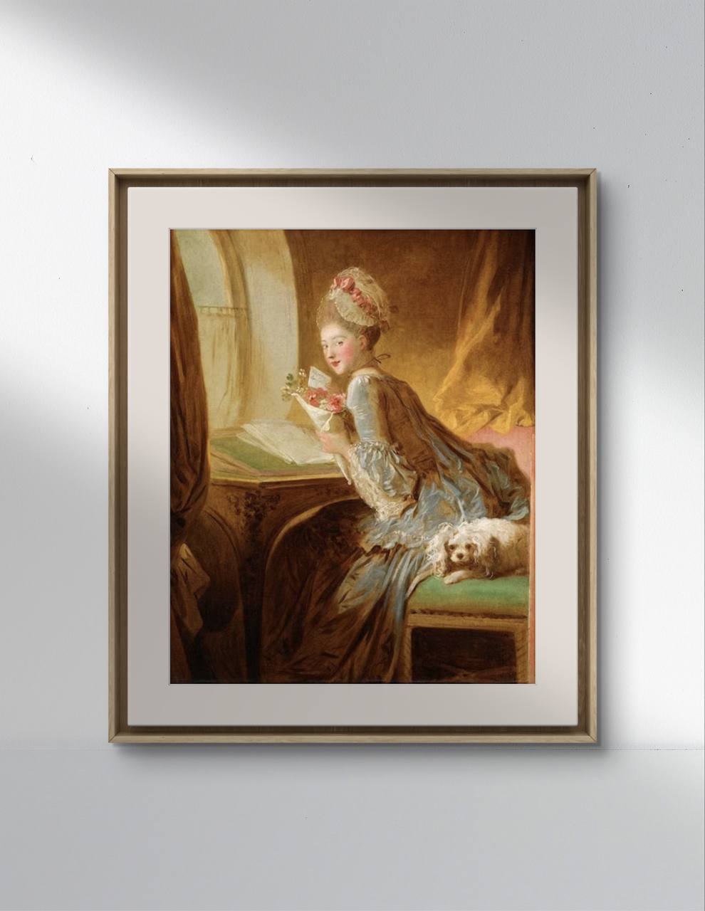 The scene is set in an 18th-century interior with warm colors and soft lighting. Predominant colors include blue, gold, and pastels. This art reproduction brings an air of historical elegance and sophistication to any home decor. Keywords: Wall Art, home decor, painting, art reproduction, famous artist, Poster, print, Jean-Honoré Fragonard, The Love Letter.
