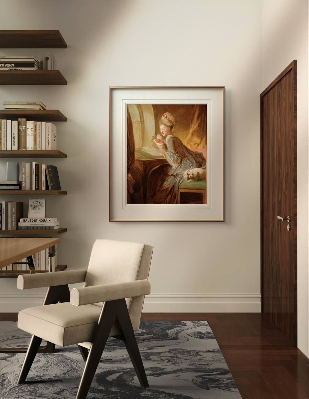 Rococó Art. The primary colors are orange, gold, and soft pastels, evoking a sense of historical charm and elegance. This poster print is an exquisite addition to any home decor. Keywords: Wall Art, home decor, painting, art reproduction, famous artist, Poster, print, Jean-Honoré Fragonard, The Love Letter.