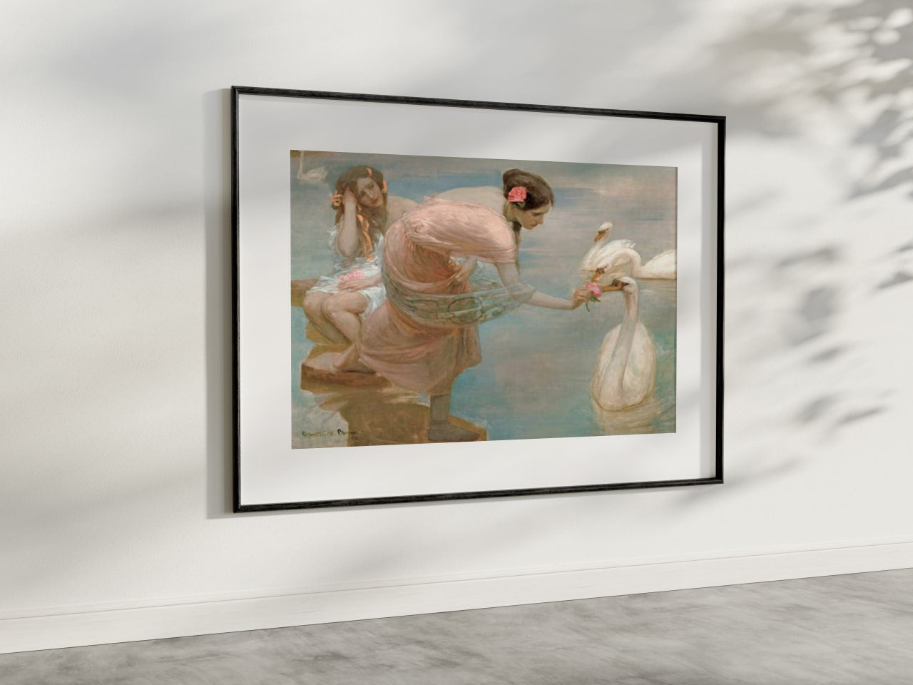 A captivating art reproduction of 'A Summer Morning' by acclaimed Australian artist Rupert Bunny. This wall art depicts a tranquil beach scene featuring several elegantly dressed women and children enjoying a leisurely summer morning by the shore. The dominant colors are soft pastels, including gentle blues of the sky and sea, warm beige of the sandy beach, and the light pinks and whites of the figures' attire.