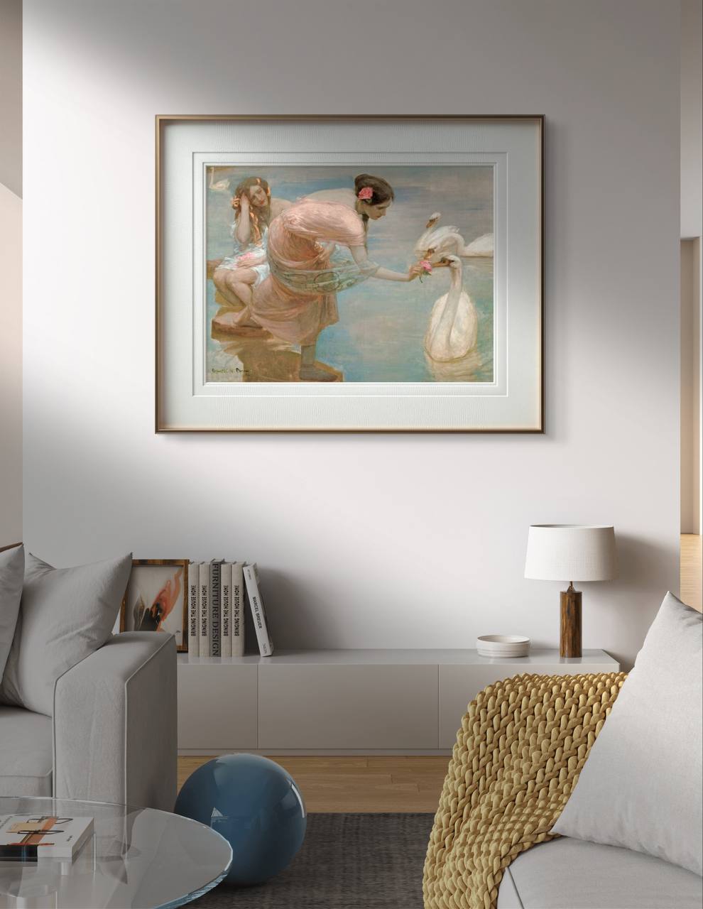 A stunning reproduction of 'A Summer Morning' by Australian artist Rupert Bunny. This wall art captures a serene scene where a young woman in a pink dress gracefully feeds a swan by the water. The artwork's soft pastel colors, including shades of pink, blue, and green, bring a sense of tranquility and elegance to any interior. Perfect for enhancing the beauty and sophistication of your home decor with a touch of classic art from the late 19th to early 20th century