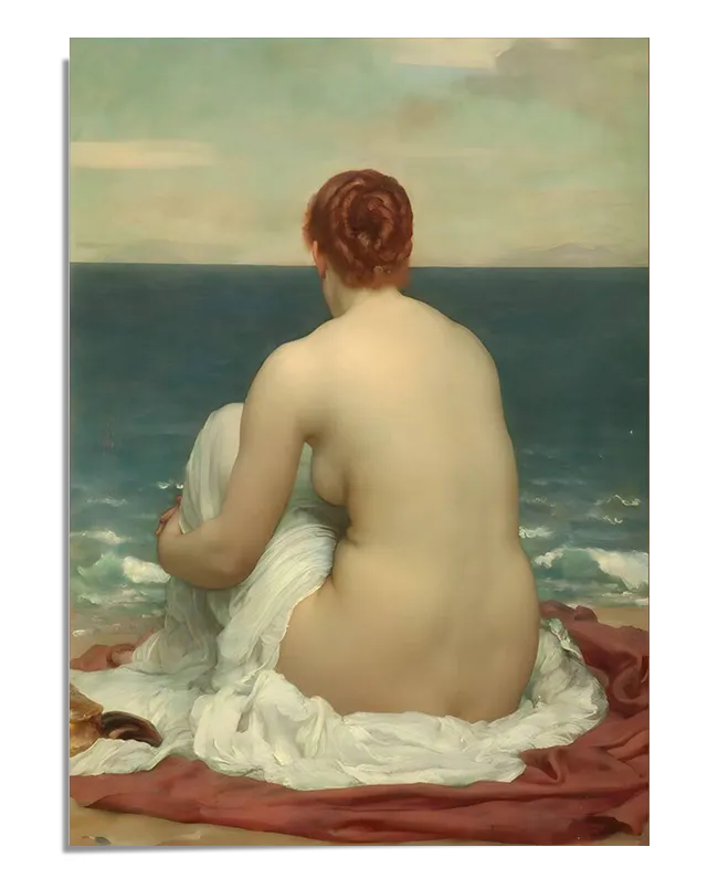The image is a close-up of the "Psamathe" poster by Frederick Leighton. The painting shows a nude woman from behind, sitting on a red and white cloth, gazing at the calm sea. The detailed reproduction highlights the softness of the skin tones and the tranquil seascape, making it a beautiful piece for any art collection.