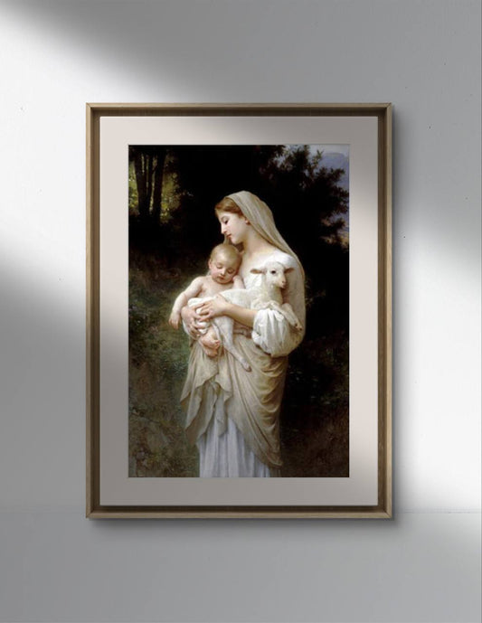 The second image shows the same "Innocence" poster and hung on a white wall. The classical frame and the gentle lighting enhance the tranquil and tender atmosphere of the painting. The soft colors and delicate details of the woman, baby, and lamb are beautifully captured in this high-quality reproduction, making it a charming addition to any room.