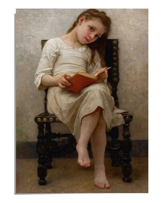 The first image shows a framed poster of William Bouguereau's painting "Le Livre de Prix." The artwork features a young girl sitting on an ornate chair, reading a book. She is dressed in a simple, light-colored dress, and her gaze is directed slightly upwards as if she is deep in thought. The detailed rendering of her expression and the intricate design of the chair highlight Bouguereau's skill. The poster has a simple frame that complements the classic feel of the painting.