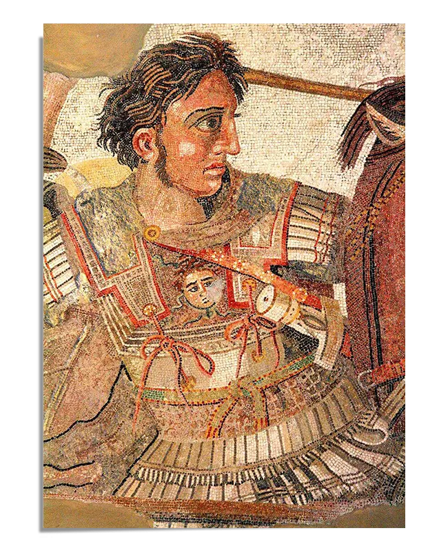 detailed section of the famous "Battle of Issus" mosaic, depicting Alexander the Great in battle armor. This intricate mosaic showcases the fine craftsmanship and attention to detail that characterizes this historical artwork.