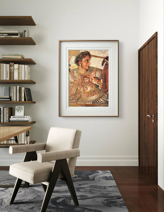 The poster is displayed in a modern home office setting, mounted on a light-colored wall. Below it, there is a comfortable, stylish chair with a wooden desk beside it. The surrounding decor includes minimalist shelves with books and decorative items, emphasizing a contemporary and sophisticated environment.