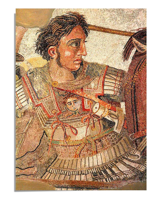 detailed section of the famous "Battle of Issus" mosaic, depicting Alexander the Great in battle armor. This intricate mosaic showcases the fine craftsmanship and attention to detail that characterizes this historical artwork.