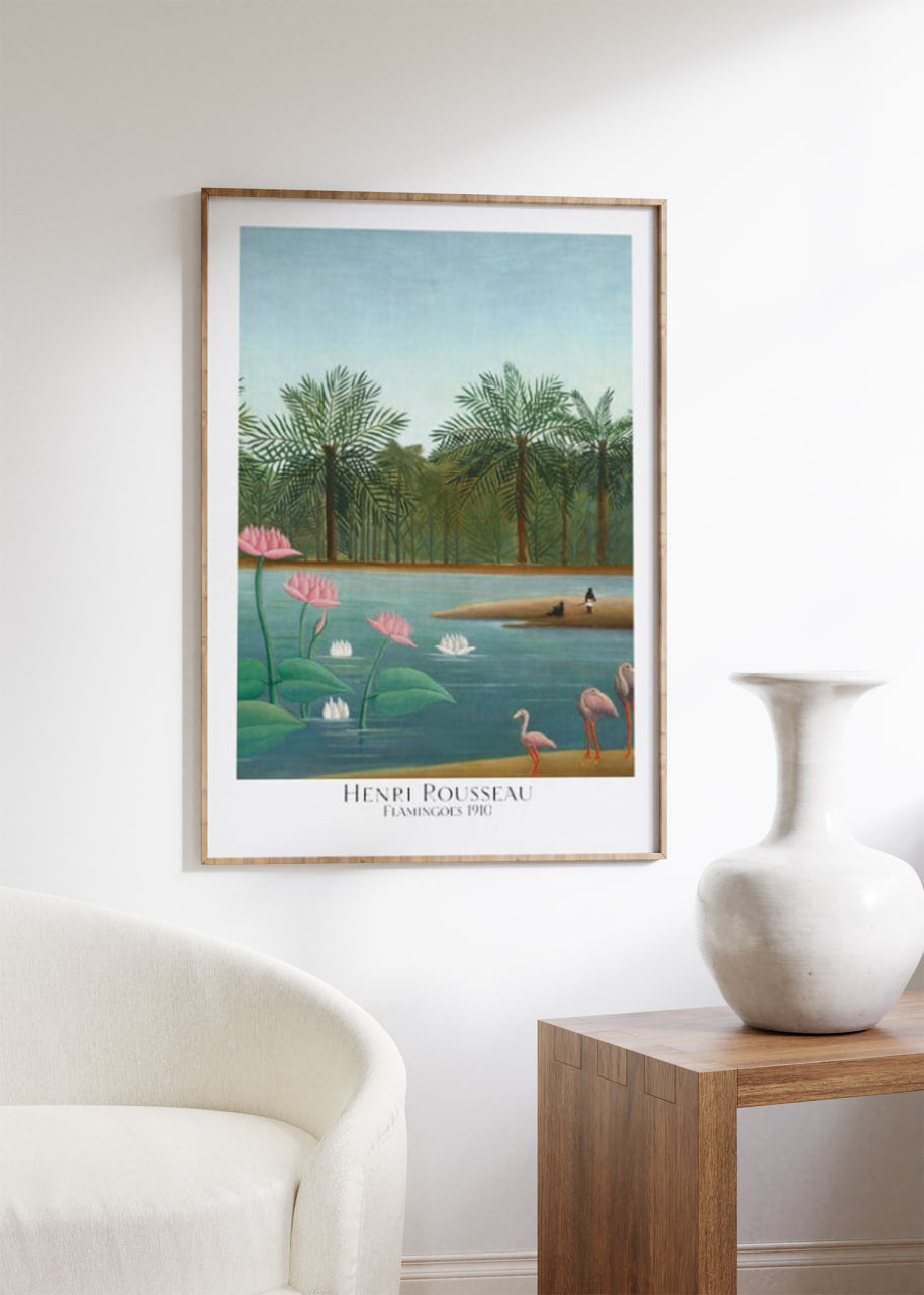 The third image is a close-up of the Henri Rousseau poster. The high-quality print captures the intricate details and vivid colors of "Flamingoes," portraying the serene tropical landscape with lifelike precision. This exquisite piece of art reproduction is perfect for adding a touch of exotic beauty to any room.