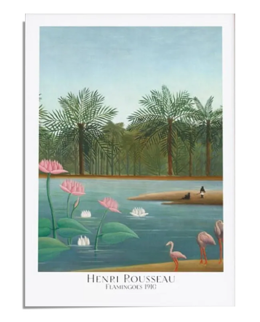 The fourth image is a close-up of the Henri Rousseau poster. The high-quality print captures the intricate details and vivid colors of "Flamingoes," portraying the serene tropical landscape with lifelike precision.