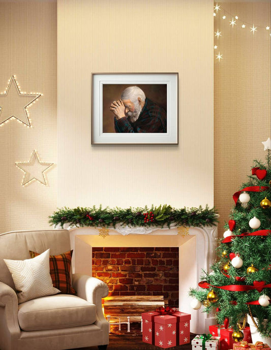 Eric Enstrom's "Grace" is beautifully framed and displayed in a festive living room setting, adding warmth and serenity to the holiday decor. The touching image of the elderly man in prayer brings a sense of peace and reflection, making it a perfect addition to your Christmas decorations. This art print is ideal for those looking to incorporate spiritual themes into their home during the holiday season.
