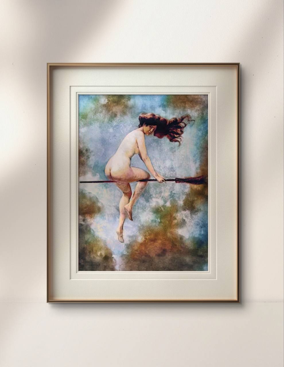 Displayed in a beautifully framed setting, Pénot's "Departure for the Sabbath" poster brings an air of mystery and magic to any room. The captivating depiction of a witch flying against a cloudy sky is perfect for those who appreciate mystical and Wiccan themes in their home decor. This art print is an excellent addition for creating a magical atmosphere in your space.
