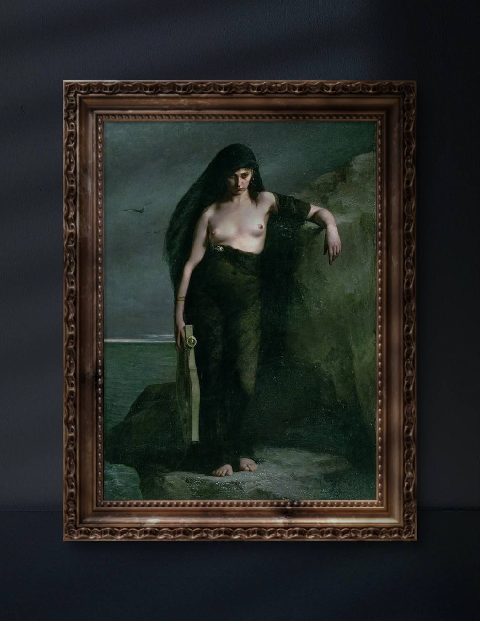 The framed "Sappho" poster on a dark wall, highlighting the painting's deep, intense tones. The ornate gold frame adds a classic and sophisticated touch. Ideal for making a statement in your decor. Keywords: Art Print, Classic Art, Home Decoration, Wall Art, Sappho Painting.