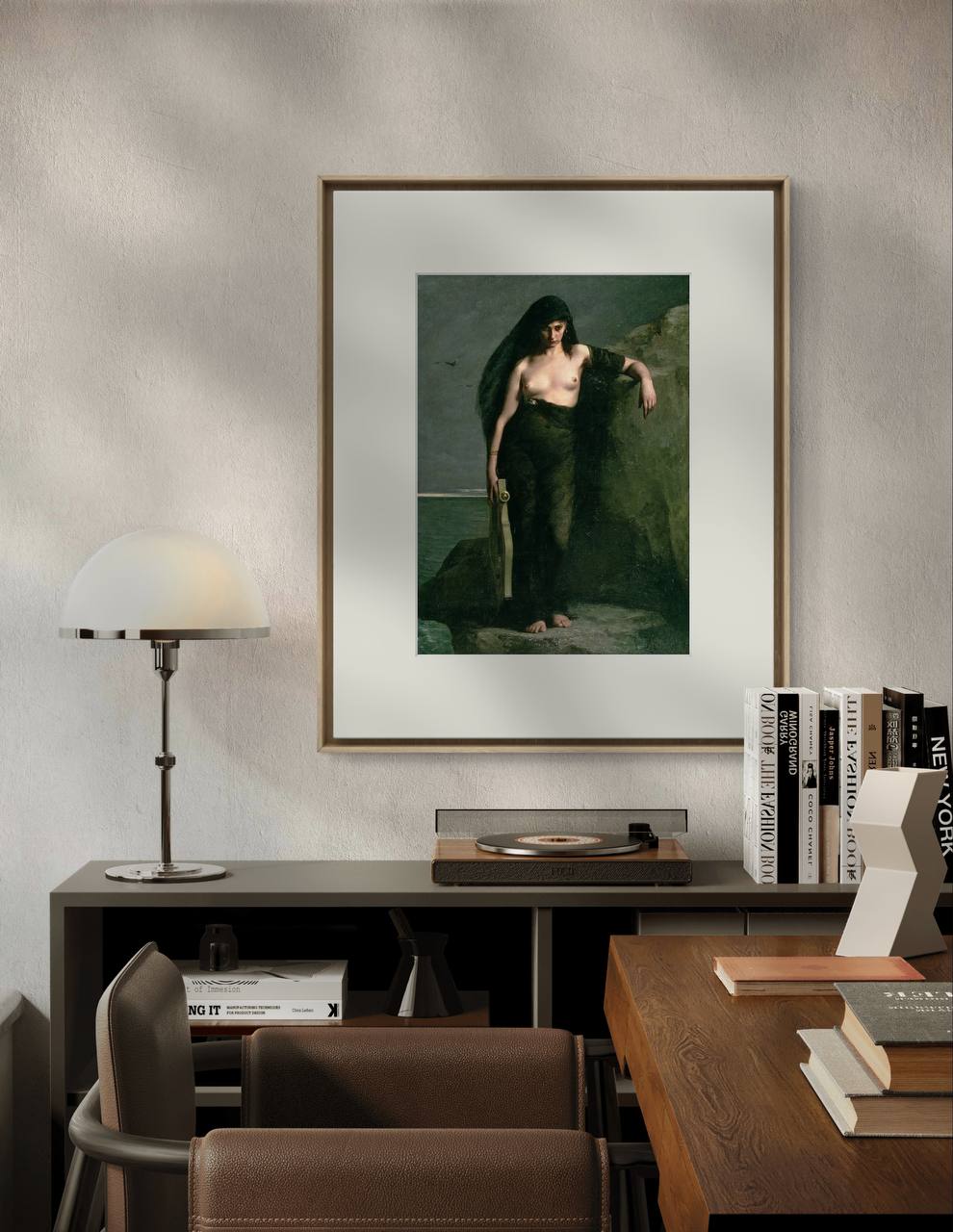 The "Sappho" poster in a modern living room or study. The simple frame and classic art create a striking contrast, making it the focal point of the space. Perfect for blending modern and classic styles. Keywords: Fine Art Print, Sappho Poster, Classical Art, Home Decor, Wall Art.