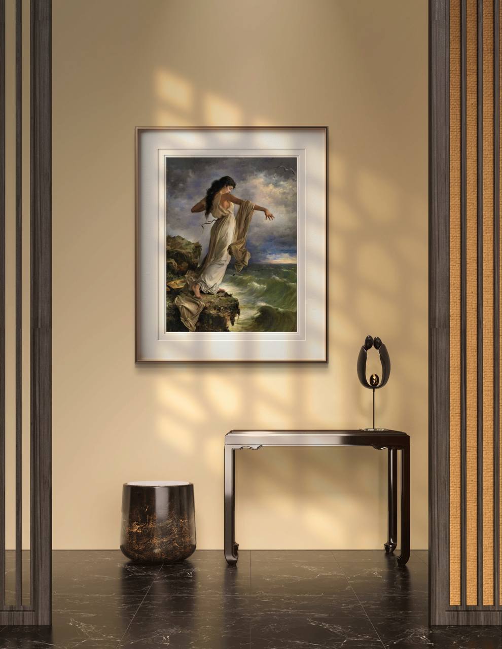This framed "Sappho" poster is displayed in a modern, elegant room. The dramatic artwork contrasts beautifully with the minimalist decor, adding depth and emotion to the space. Keywords: Fine Art Print, Sappho Poster, Classical Art, Home Decor, Wall Art.