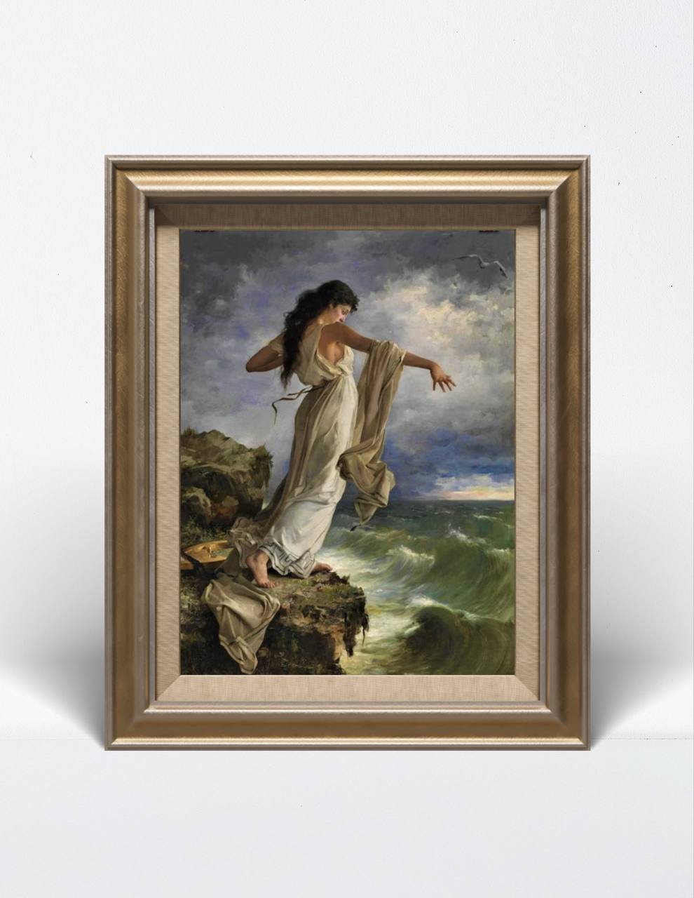 The "Sappho" poster framed and placed against a neutral background. The ornate frame enhances the artwork's dramatic effect, making it a striking centerpiece for any room. Keywords: Art Print, Classic Art, Home Decoration, Wall Art, Sappho Painting