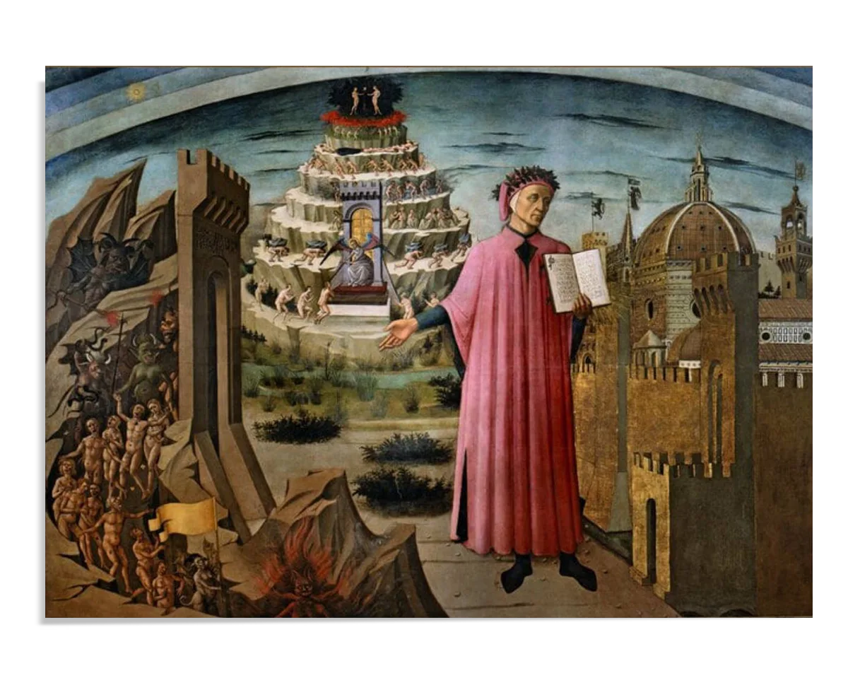 Dante, dressed in a long pink robe, stands prominently in the foreground, holding an open book. On his left, a depiction of Hell with suffering souls, while on his right, the city of Florence and a spiral mountain representing Purgatory and Heaven.