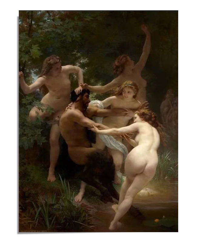 A classical painting shows four nymphs interacting with a satyr near a forest stream. The nymphs are playfully pulling at the satyr, creating a dynamic, mythological scene.
