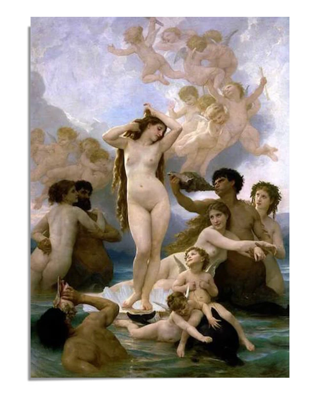 A painting of "The Birth of Venus" by Bouguereau, depicting Venus standing gracefully on a seashell, surrounded by mythical figures in the ocean. Above her, cherubs float in the sky, celebrating her arrival.