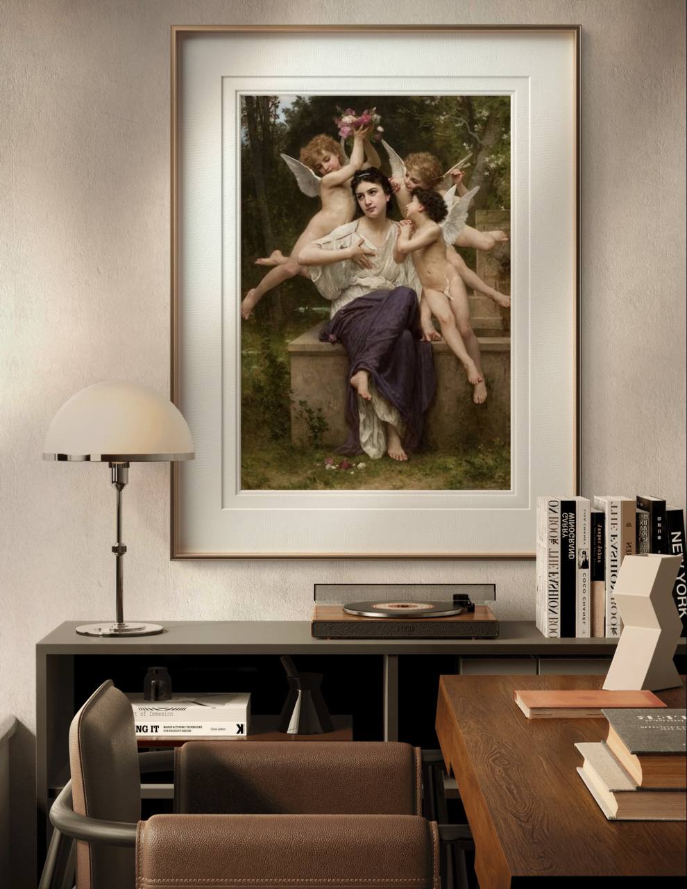 The painting of a woman surrounded by cherubs is displayed above a console table. The modern decor, including books and a lamp, contrasts with the classical theme of the artwork.
