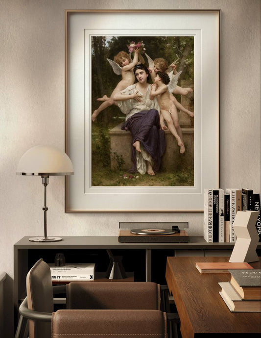 The painting of a woman surrounded by cherubs is displayed above a console table. The modern decor, including books and a lamp, contrasts with the classical theme of the artwork.