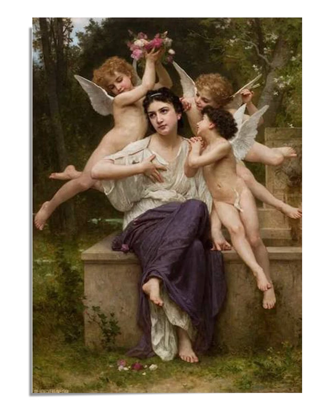 A serene painting of a seated woman surrounded by playful cherubs. The woman looks contemplative as the cherubs offer her flowers. The background shows a peaceful, wooded garden setting.