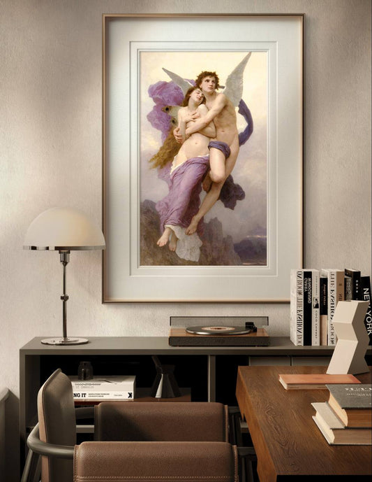 In this scene, the framed reproduction of "Cupid and Psyche" by Bouguereau is displayed above a modern office setup, blending classical art with contemporary design. The romantic and dreamy aura of the piece adds a soft, calming effect to the space. The flowing fabrics and tender expressions of the figures make this Art-Print a captivating addition to any room’s decor. This piece is not only a beautiful example of Bouguereau’s mastery but also serves as an excellent Housewarming Gift for art lovers or anyo
