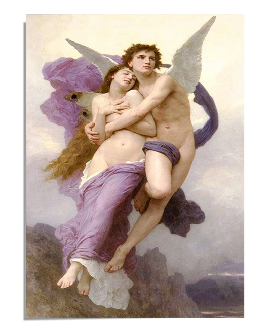 This stunning poster is a high-quality reproduction of "Cupid and Psyche" by William-Adolphe Bouguereau. The artwork depicts Cupid, with his soft angelic wings, tenderly holding Psyche as they ascend through the clouds. Psyche is draped in a flowing purple fabric, and the emotion of love and serenity is beautifully portrayed in their expressions and embrace. This Bouguereau Poster brings classical elegance and romanticism to any space, making it perfect for lovers of fine art and classical mythology. Ideal