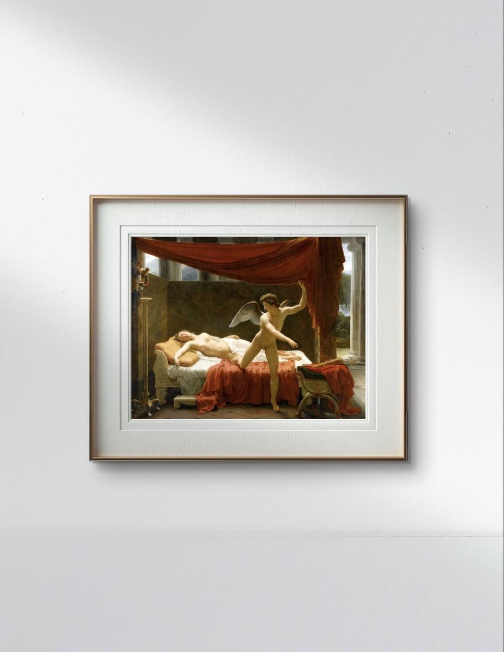 The painting of Cupid and Psyche is elegantly framed and displayed on a minimalist white wall, with the rich colors of the artwork contrasting beautifully against the neutral background.