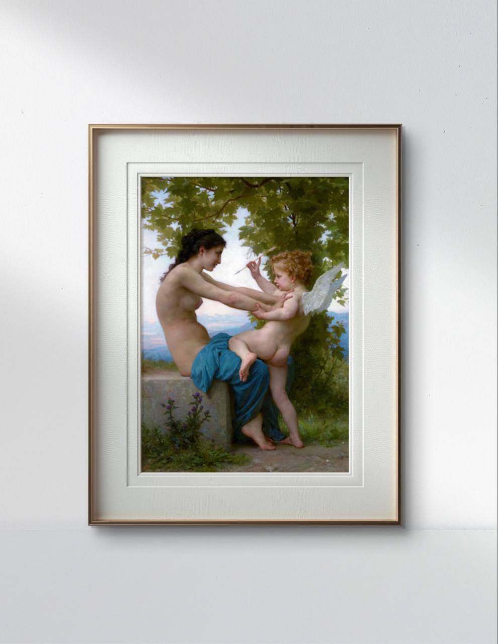 The painting of the woman and Eros is framed with a white and gold frame, hanging on a minimalist white wall. The soft colors of the artwork stand out against the clean, simple background.
