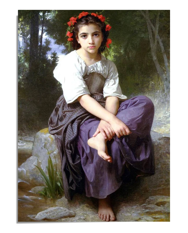 A young girl sits barefoot on a stone, wearing a purple skirt and a simple blouse, with a crown of red flowers in her hair. She gazes thoughtfully ahead, surrounded by nature near a calm brook.