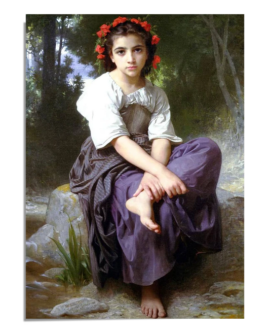 A young girl sits barefoot on a stone, wearing a purple skirt and a simple blouse, with a crown of red flowers in her hair. She gazes thoughtfully ahead, surrounded by nature near a calm brook.