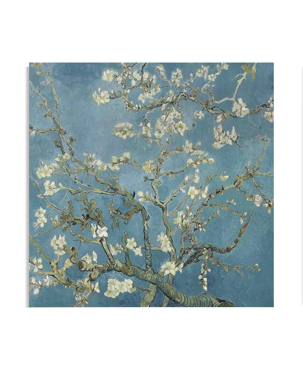 A serene painting featuring delicate almond tree branches adorned with white blossoms against a vibrant blue sky. The contrast between the blooming flowers and the sky creates a sense of calm and beauty.
