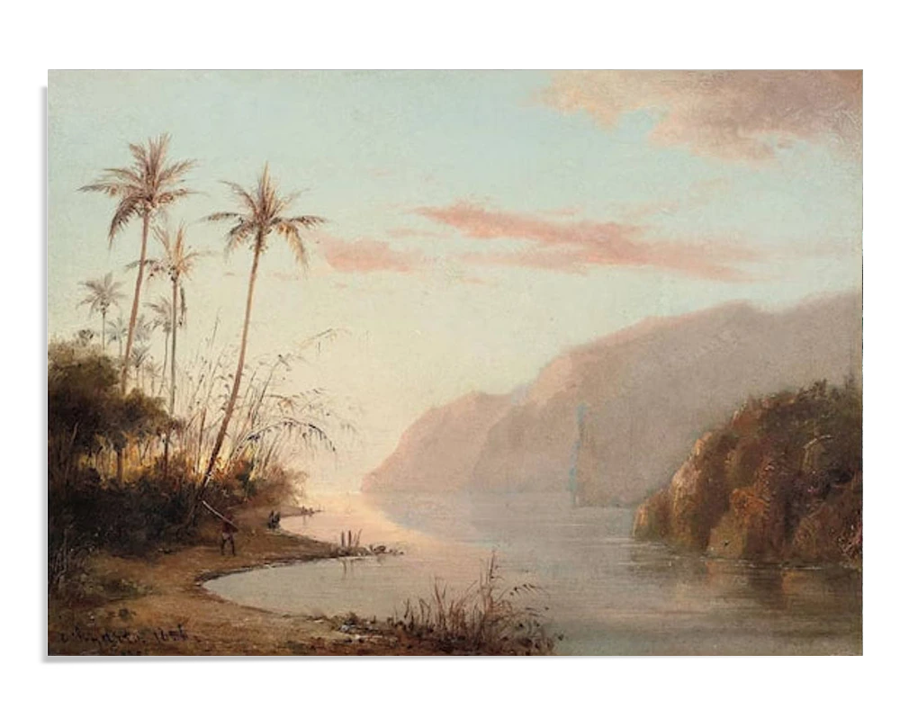 Peaceful landscape of a tropical creek at sunset. Palm trees stand tall by the water's edge, with soft mountains in the distance. The calm scene captures nature's beauty and tranquility