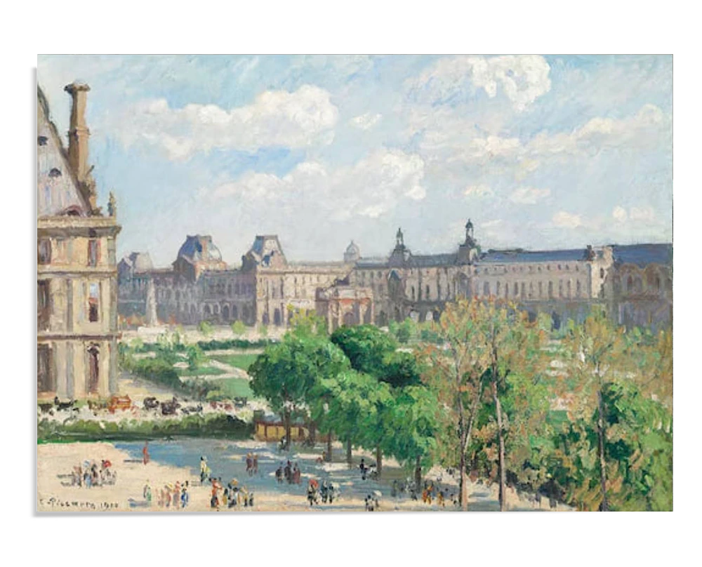 Impressionist painting of a vibrant Paris square, filled with greenery and people strolling. In the background, historic buildings stand against a bright, partly cloudy sky