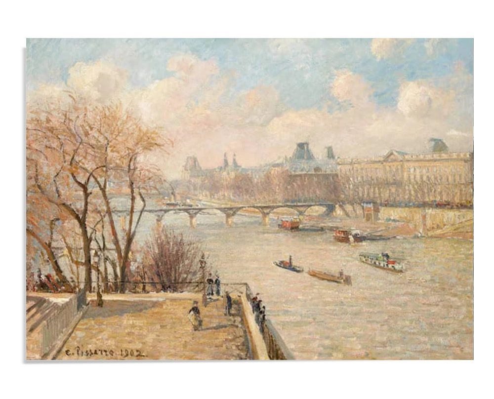 Impressionist painting of the Louvre seen from the Pont Neuf bridge. Boats float on the Seine while people stroll along the riverbank, framed by trees with delicate branches under a bright, cloudy sky